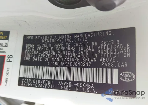 2012 Toyota Camry Hybrid Le z USA, uszkodzony, nr VIN 4T1BD1FK7CU010917